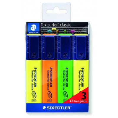 ESTUCHE 3 + 1REGALO MARCADORES FLUORESCENTE CLASSIC 364 TEXTSURFER STAEDTLER 364-S WP4P (Espera 4 dias)